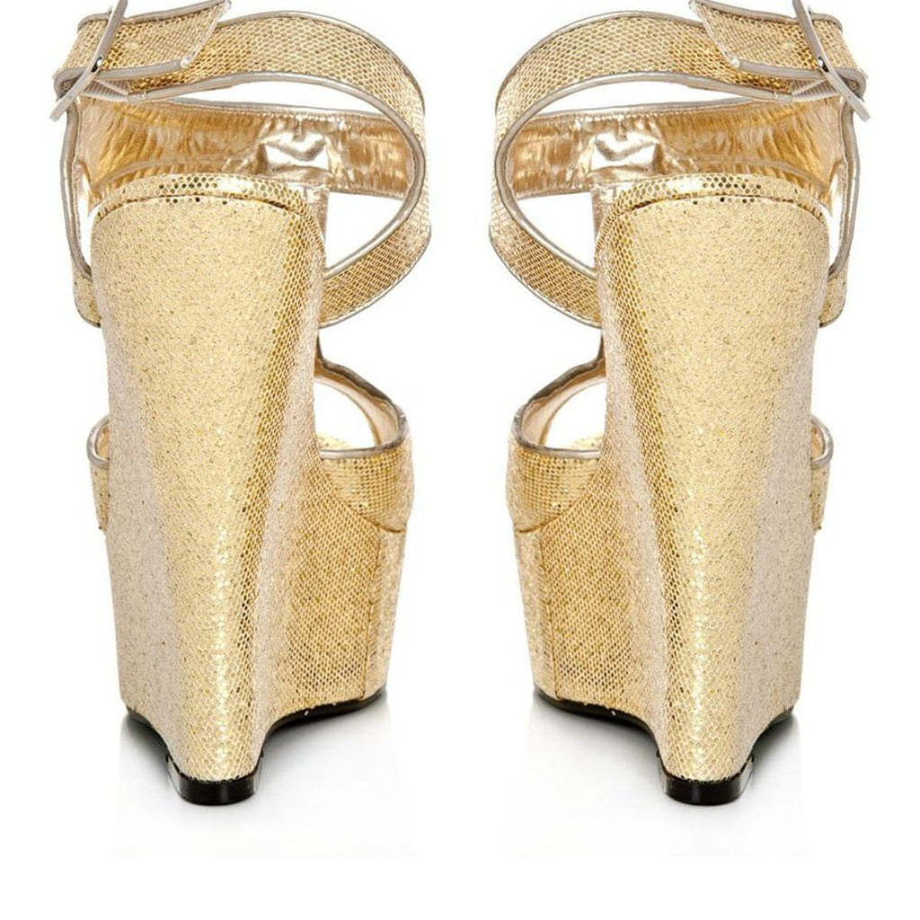 ACUTE Glittery Platform Peep Toe T-Bar Wedge High Heel Sandal